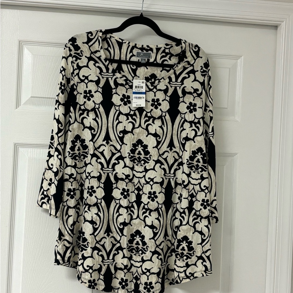JM Collection Black and Cream Floral Damask Scoop Neck Tunic